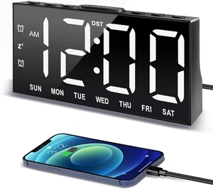 Digital Alarm Clock with Large Display Big Bold Numbers, Dimmer, 2 USB Charging  - Picture 1 of 8