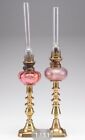 Pair Antique Victorian Wild & Wessel (W&W) Brass And Glass Peg Candle Oil Lamps