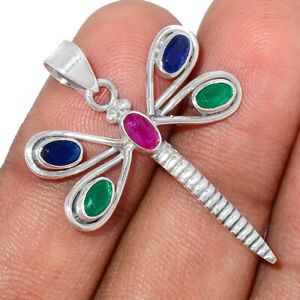 Dragonfly - Sapphire - India & Ruby 925 Sterling Silver Pendant Jewelry BP109745