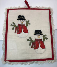 Vintage Christmas Snowmen Multicolored Padded Pot Holder Hot Pad Lace Embroidery