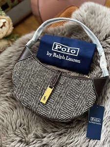 Polo RALPH LAUREN MOON BAG ID Herringbone Mini Shoulder Hand Wristlet Brown Zip - Picture 1 of 24