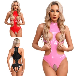 Womens Catsuit High Cut Thong Bodysuit Latex Leotard Hollow Out Clubwear Shiny - Picture 1 of 35
