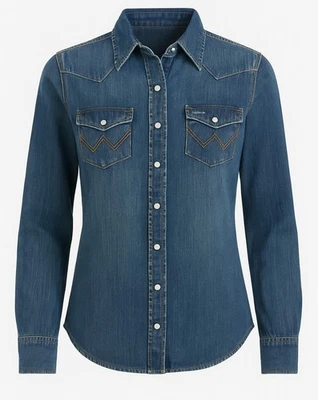 Camisa ex WRANGLER Damas Denim Manga Larga Bolsillo Algodón Suave Botón Top 622 Foto 1 de 4