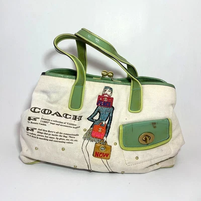 Coach Bonnie Cashin Canvas Carryall ShoulderBag Green Leather Rare Art Print Y2K - Image 1 of 4