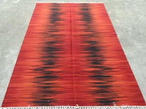 Red Black Dhurrie India Wool Rectangle Transitional Area Rug Carpet 5x8 - Picture 1 of 2