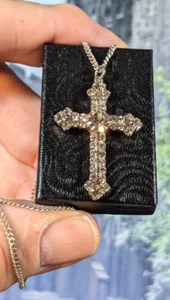 Vintage Silber Platte Diamant Kreuz 36 mm Anhänger Halskette, in Box. 40cm Kette - Bild 1 von 6