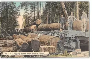 Holzfäller Zugszene, Seattle, WA handkoloriert 1911 Rhodes Bros antike Postkarte - Bild 1 von 2