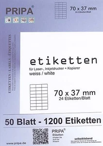 1200 etykiet 70x37 mm = 50 arkuszy etykiety DIN A4 samoprzylepne PRIPA białe 3494 - Zdjęcie 1 z 1