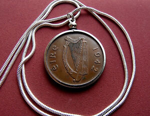 1942 IRISH Brown Bronze Coin Pendant on an 18K 24" White Gold Filled Round Chain