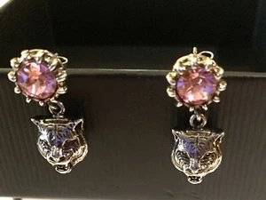 Gucci Pink Crystal Tiger (Cat) Head Earrings Silvertone NIB GIFTABLE! - Picture 1 of 5