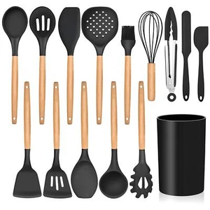 13-Piece Silicone Kitchen Cooking Utensils Set with Holder Wooden Handle Uten... - Picture 1 of 7