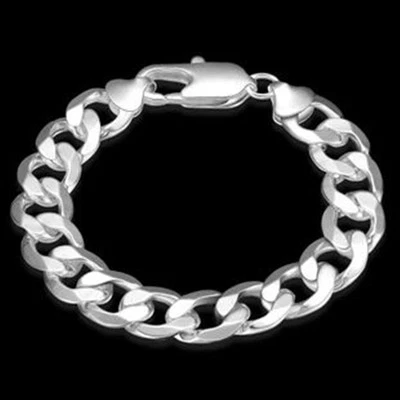 Brazalete de cadena de eslabones cubanos de 8" de plata de ley 925 de 12 mm de ancho para hombre y mujer  Foto 1 de 3