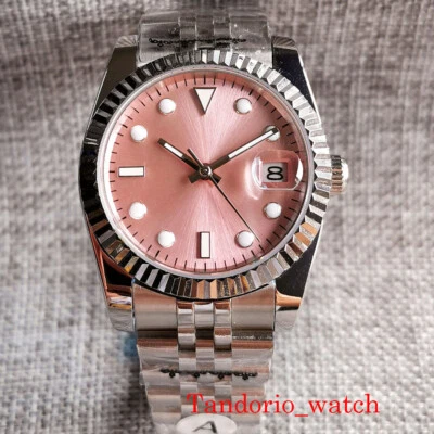 Moldura canelada 36mm/39mm mostrador rosa NH35A PT5000 vidro de safira relógio masculino automático data - Imagem 1 de 4