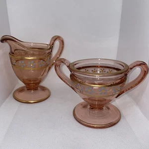Depression Glass Sugar Bowl & Creamer Elegant Embossed, Painted Floral Design - Picture 1 of 17