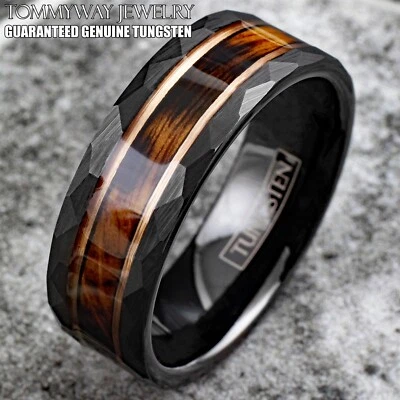 Black Tungsten Men's Ring Charred Whiskey Barrel Rose Gold Plated Wedding Band - Image 1 of 4