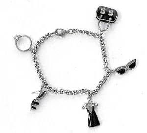 STERLING SILVER CHARM BRACELET ASSORTED SHOPAHOLIC ENAMELED CHARMS ,6.5" LONG - Bild 1 von 2