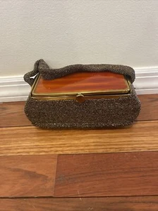 Vintage Retro Bronze Beaded Handbag With Tortoise Shell Top Mirror Inside Beauty - Picture 1 of 13