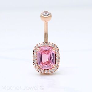 DIAMOND SIMULATED PINK PRINCESS CUT RECTANGLE ROSE GOLD IP BELLY NAVEL RING
