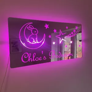 Personalised Bunny and Moon LED Mirror Sign - Custom Kids Room Light - Picture 1 of 8