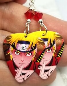 Naruto Guitar Pick Earrings with Red Swarovski Crystals