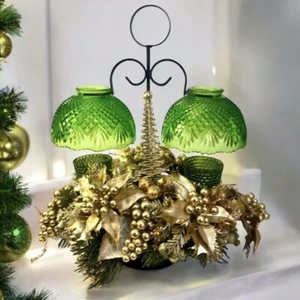 Candelabro vintage de vidrio verde navideño centro de mesa 14" oro flor de pascua - Imagen 1 de 18