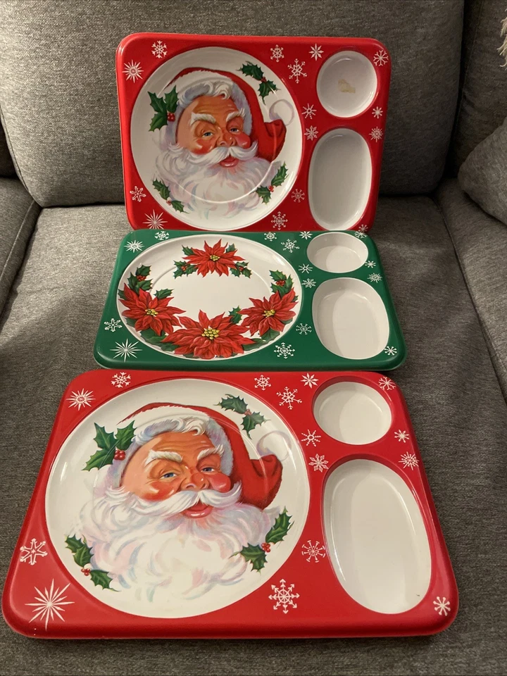 Set of 3 Vintage 1950's Santa Claus/Poinsettia  Compartment Serving Trays - Image 1 of 4