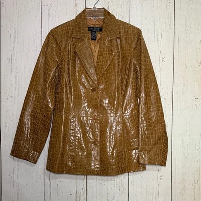 Dialogue Crocodile Leather Printed Brown Leather Button Blazer Jacket Small - Image 1 of 4