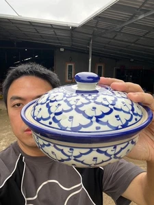 Hand painted Thai ceramic bowl with lid 7"inch blue and white made in lampang th - Picture 1 of 7