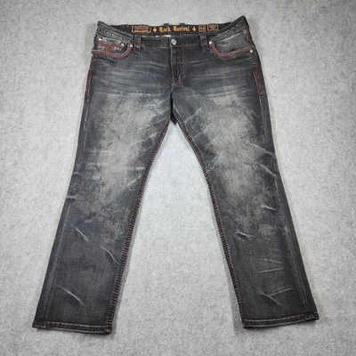 Pantalones de mezclilla Rock Revival para hombre 44 Clifton cónicos negros puntada pesada desgastados Foto 1 de 4