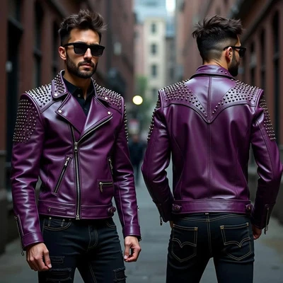 Jaqueta de motociclista feita à mão de couro bovino cravejada roxa: estilo punk moto - Imagem 1 de 2