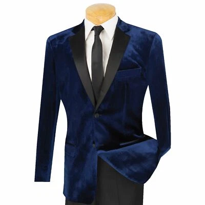 VINCI Men's Navy Blue Slim Fit Velvet Tuxedo Suit w/ Sateen Lapel & Trim NEW - Image 1 of 2