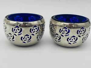 Candle Holders Silver Tone Cobalt Blue Glass Insert Roses Pair Tealight Votives - Picture 1 of 13