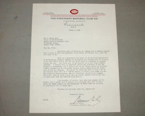 Carta firmada por el vicepresidente Warren Giles 1944 MLB Cincinnati Baseball Club - Imagen 1 de 1