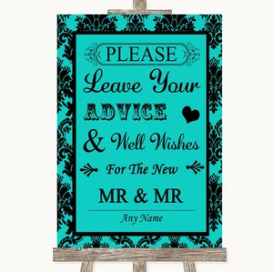 Turquoise Damask Guestbook Advice & Wishes Gay Personalised Wedding Sign - Picture 1 of 8
