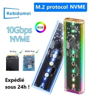 Boîtier SSD LED transparent RGB USB 3.0 M.2 NVME PCIe disque 2280 2260 2242 2230 - Image 1 of 4