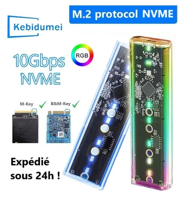 Boîtier SSD LED transparent RGB USB 3.0 M.2 NVME PCIe disque 2280 2260 2242 2230 - Image 1 of 4
