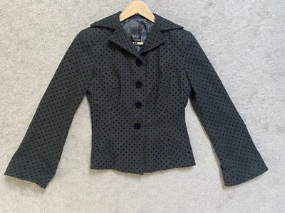 Chaqueta Blazer NANETTE LEPORE Talla 2 Gris Carbón Negro Lunares Forro Floral Foto 1 de 4