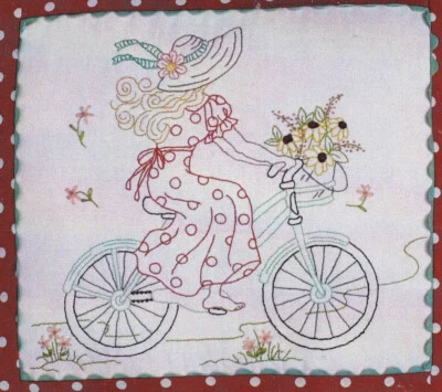 Biking Sunbonnet Sue Redwork Embroidery Panel Pillow Pattern 19 x 17 Girl Bike - Image 1 of 4