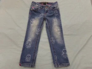 Jordache Ankle Skinny Young Girls 6 Blue Jeans W Adjustable Waist Hearts/Skulls - Picture 1 of 4
