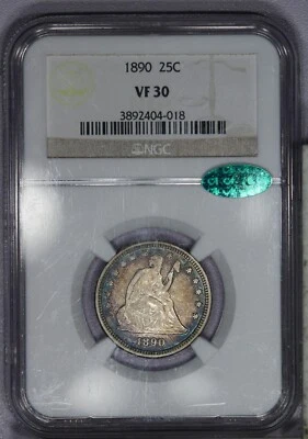 1890 Liberty Seated Quarter 25c NGC VF30 CAC - Beautifully Toned! LB - Image 1 of 2