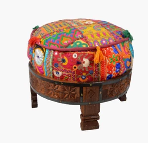 Home Decorative Khambadi Ottoman Embroidery Patchwork Round Big Size Stool Pouf - Picture 1 of 6