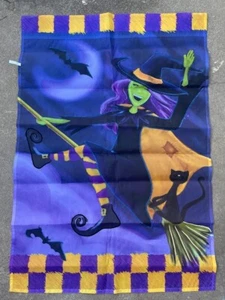 Happy Witch on Broom Black Cat Bats Halloween Embroidered Yard Flag Premier Kite - Picture 1 of 6