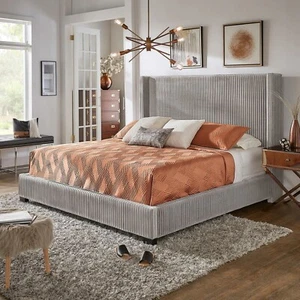 Wingback Bed Frame King Size Headboard Velvet Upholstered Solid Wood Light Grey - Picture 1 of 6
