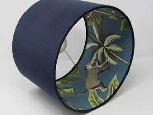 Lampshade Navy Blue Velvet Monkey Palm Tree Leaves Drum Light Shade - Picture 1 of 11
