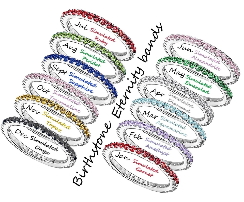 Anillo de plata esterlina con piedra de nacimiento para mujer banda delgada de eternidad circonita cúbica piedra de nacimiento [NUEVO] Foto 1 de 1