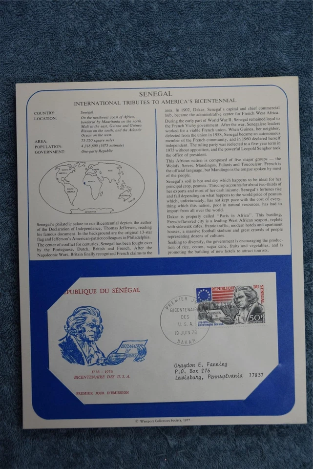 1975 Tributes to America's Bicentennial Souvenir Card - Senegal - Image 1 of 1