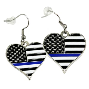 EL9-003B Double sided Thin Blue Line US American Flag Police Officer Earrings Wo - Picture 1 of 1