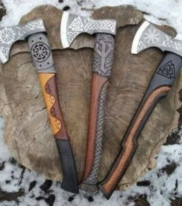3 CUSTOM HANDMADE CARBON STEEL BEARDED HATCHETS TOMAHAWKS HUNTING VIKING AXES - Picture 1 of 3