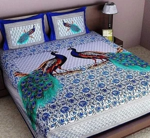 Sábana bajera de algodón Jaipuri Rajasthani impresa a mano con 2 fundas de almohada | étnica - Imagen 1 de 5