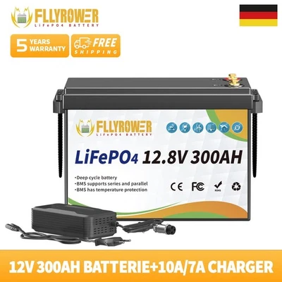 FLLYROWER Batería de litio 12V 300Ah LiFePO4 batería solar autocaravana 200A BMS+10A cargador
